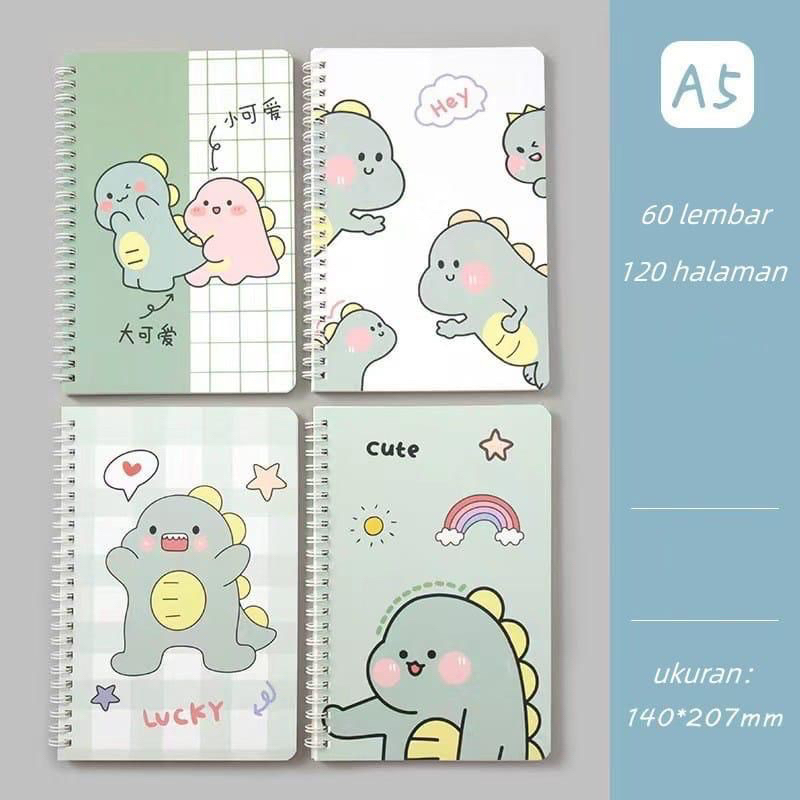 

Notes notebook ring A5 motif dinosaurus hijau green dino jurnal serbaguna ala korea estetik aesthetic cute lucu kiyowo buku tulis garis murah stegosaurus