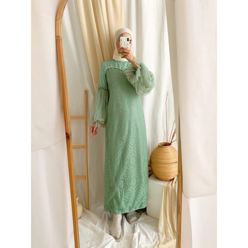 MAXY ALISHA BRUKAT FASHION PAKAIAN WANITA MUSLIM DRESS GAMIS MAXI BAHAN BRUKAT MALIKA LAPIS VELVET MS