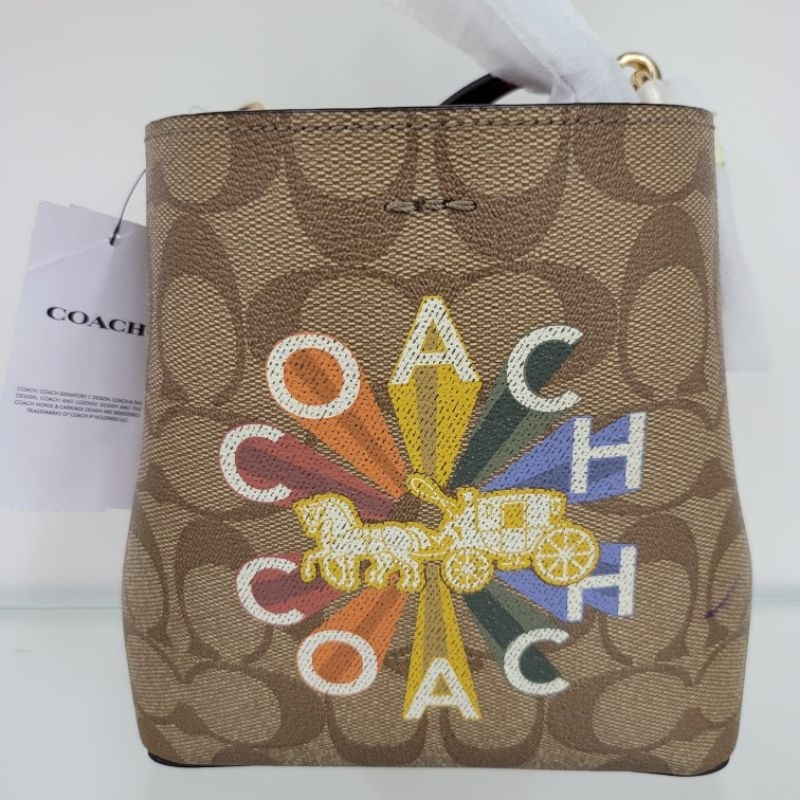 Coach Signature Radial Rainbow Mini Town Bucket Bag Khaki Multi