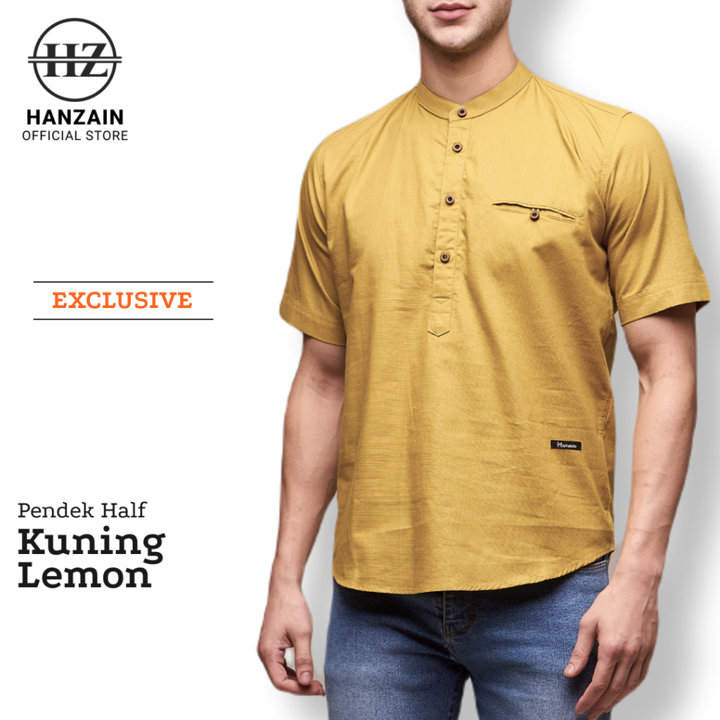 BAJU KEMEJA KOKO KEMKO PRIA DEWASA LENGAN PENDEK KATUN  KUNING LEMON LIME -  HANZAIN