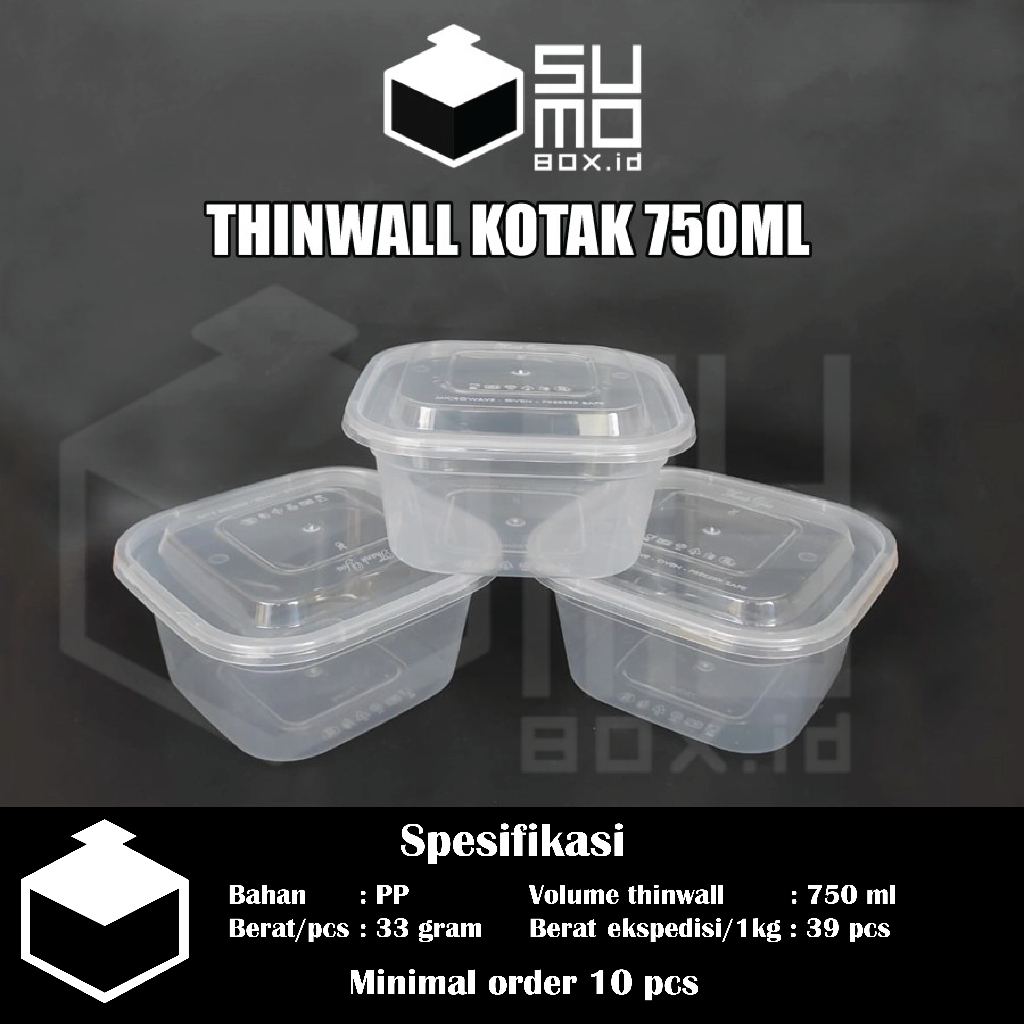 Thinwall KOTAK SQUARE 750ml + tutup / wadah plastik square nasi rice box kontainer 750 ml [ECERAN]