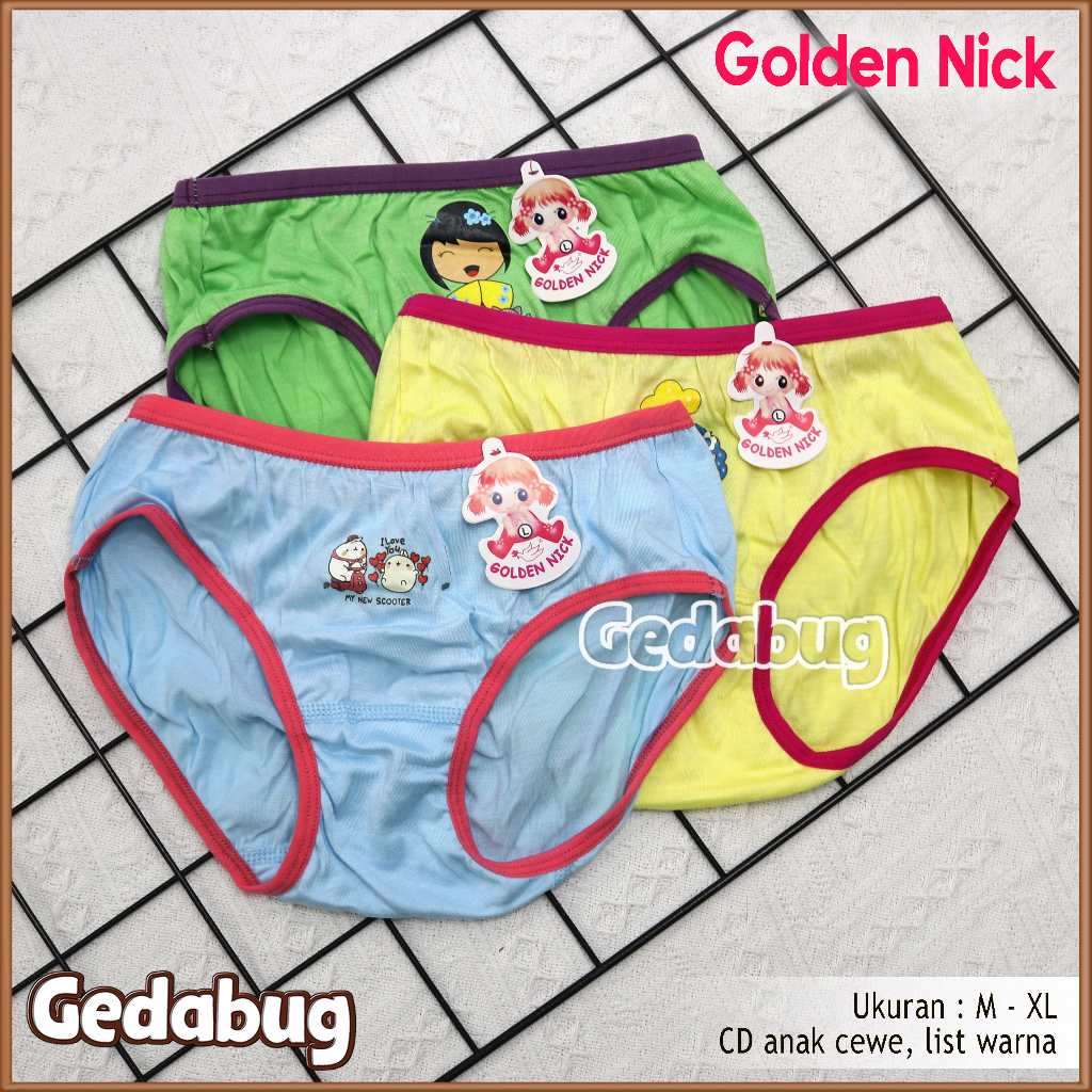 3 pcs - Celana Dalam Anak Golden Nick Art. 060 List Warna / CD Anak Perempuan Warna Spidol