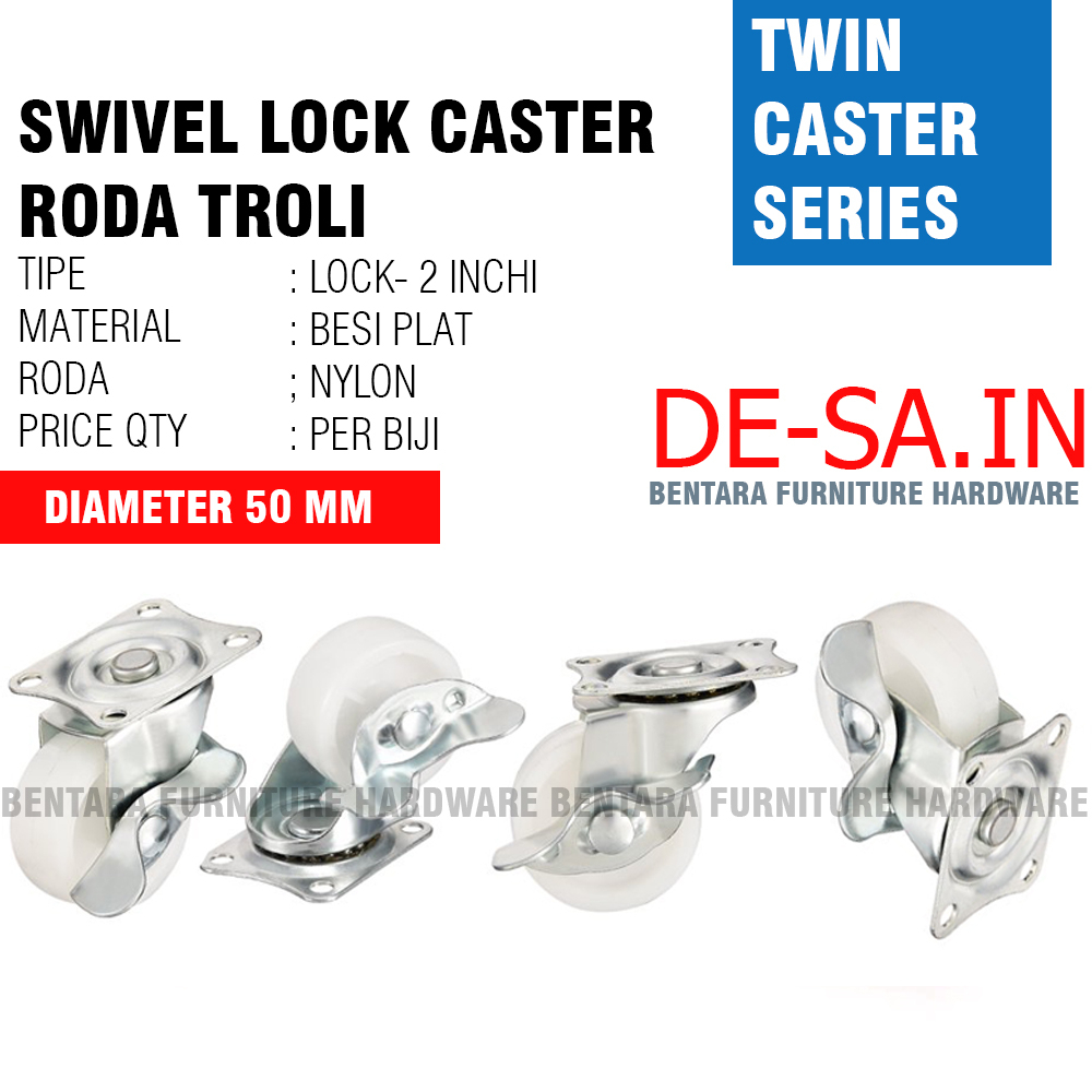 RODA 2 INCHI PUTIH NYLON -  HIDUP / MATI / KUNCI / FIX SWIVEL CASTER TROLI KECIL