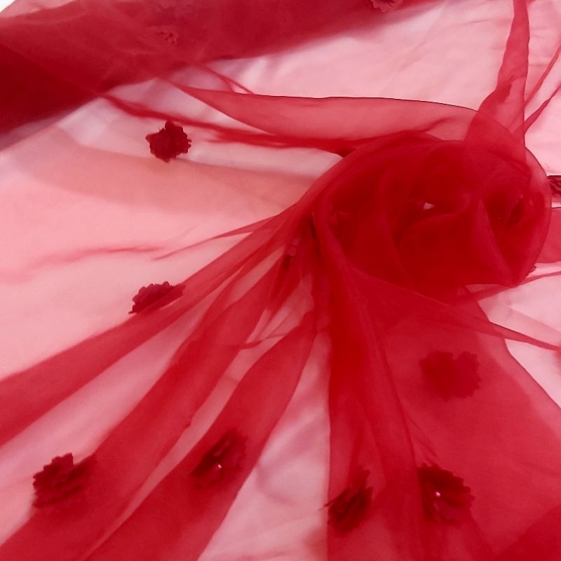 Kain Organza 3D Pearl / Organza Mutiara / Organsa Motif Bunga Timbul