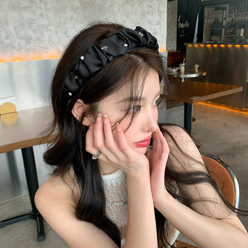 BANDO KAIN KERUT HIASAN MUTIARA SATIN SCRUNCHIE HEADBAND HAIRBAND WITH PEARL BENDO SILK SMOOTH LEMBUT HAIR HOOP KOREA KOREAN