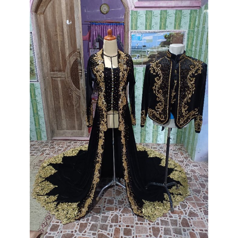 couple kebaya dan beskap bludru pengantin/set pakaian pengantin payet jepang/kebaya pengantin ekor lebar