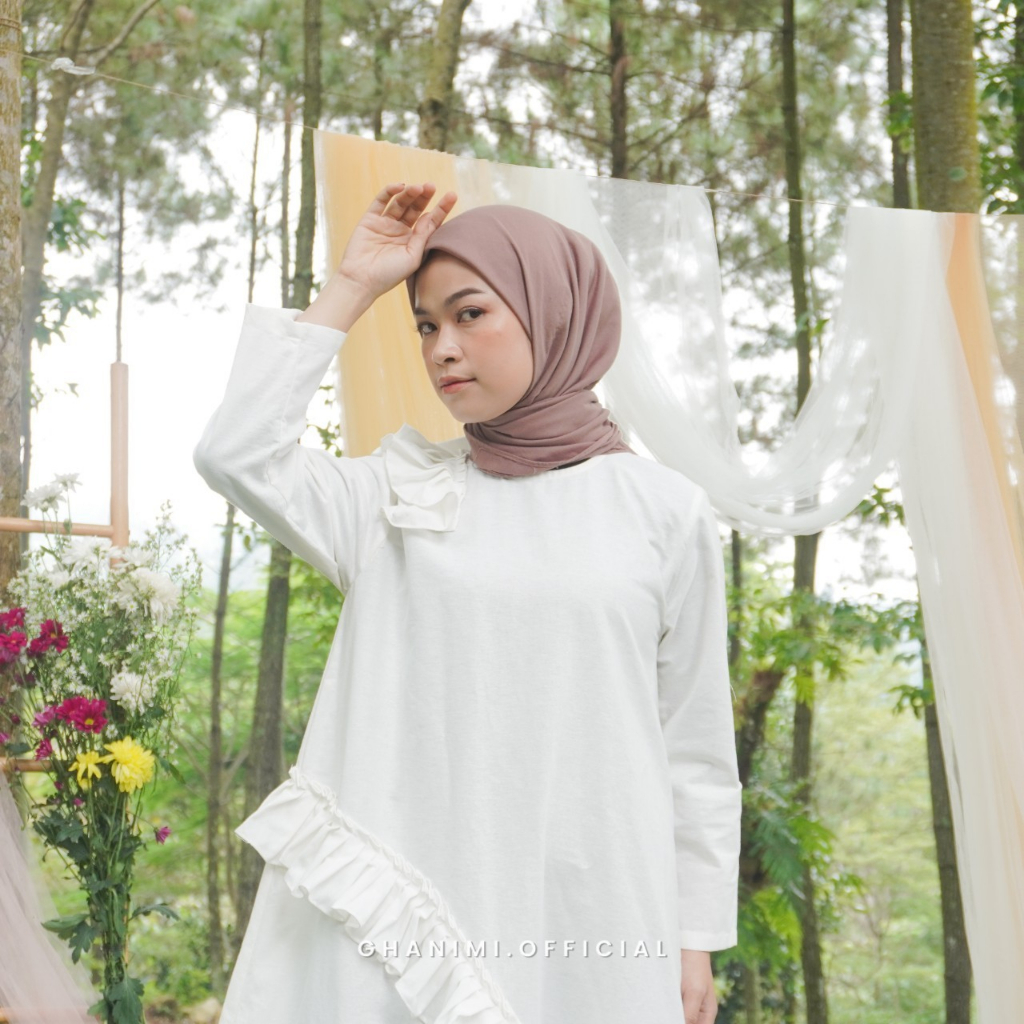 Ghanimi - Inaya Dress / Gamis Linen Ruffle Polos / gamis panjang / gamis terbaru / dress kondangan / gamis kondangan / gamis katun