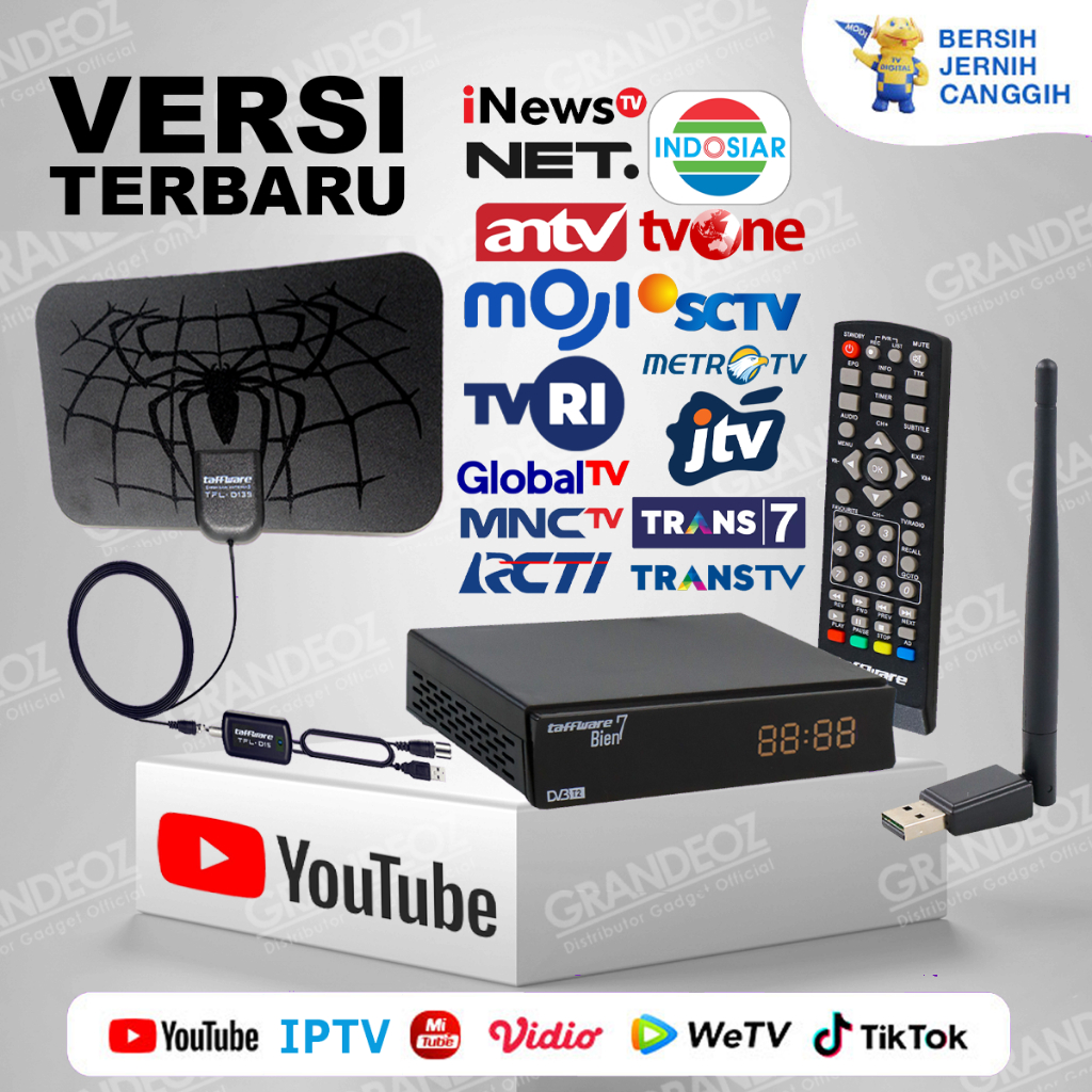 PAKET Set Top Box Bien7 T2 + Antena Digital D139 STB Satellite TV Tuner Box H.264 1080P DVB-T2 Taffw