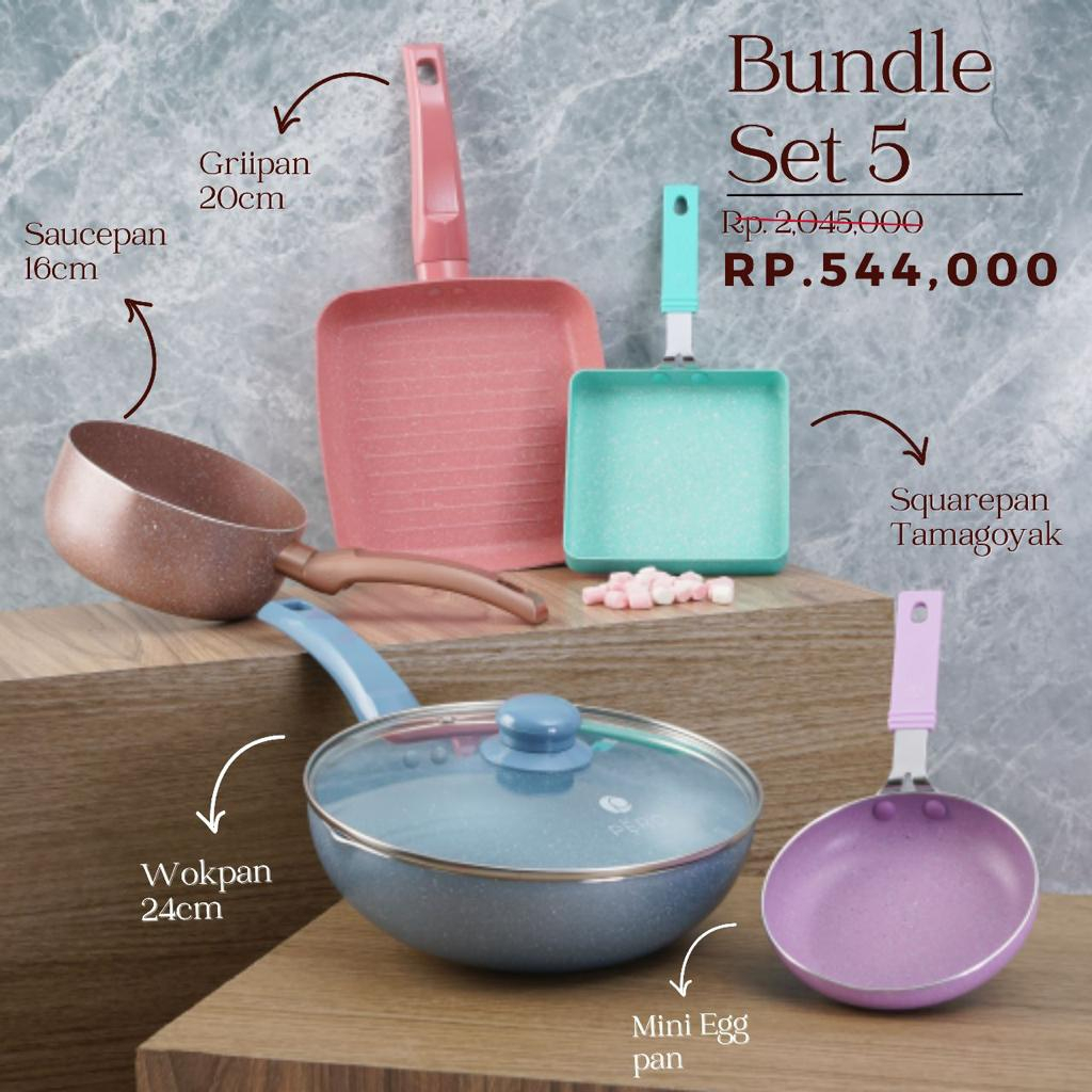 New [PAKET HEMAT] Pero Bundle Set of 5 Wokpan 24cm, Mini Egg Pan 14cm, Tamagoyaki Pan 15cm, Grill
