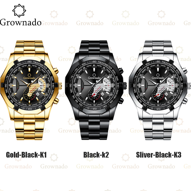 2022 Grownado Jam Tangan Pria Fashion Luxury Full Steel Sport Quartz Business Waterproof Casual Watch（Free BOX+Kartu +Baterai+ Alat + Kain Jam ）