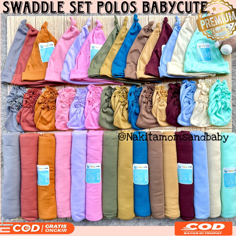 Paket set swaddle polos(selimut/ alas stroller/ alas tidur bayi/ bedong) topi sarung tangan SNI promo 9.9