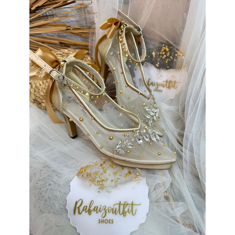 sepatu wedding gold pita 9cm stiletto