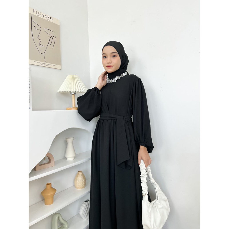 Revalisha Dress Busui Wanita Terbaru Aksen Tali Pinggang Tangan Balon Dres Remaja Muslim Bahan Polo Linen Premium Import Korean Style Jumbo Baju Lebaran Wanita Muslimah Motif Polos Kekinian Terbaru 2023