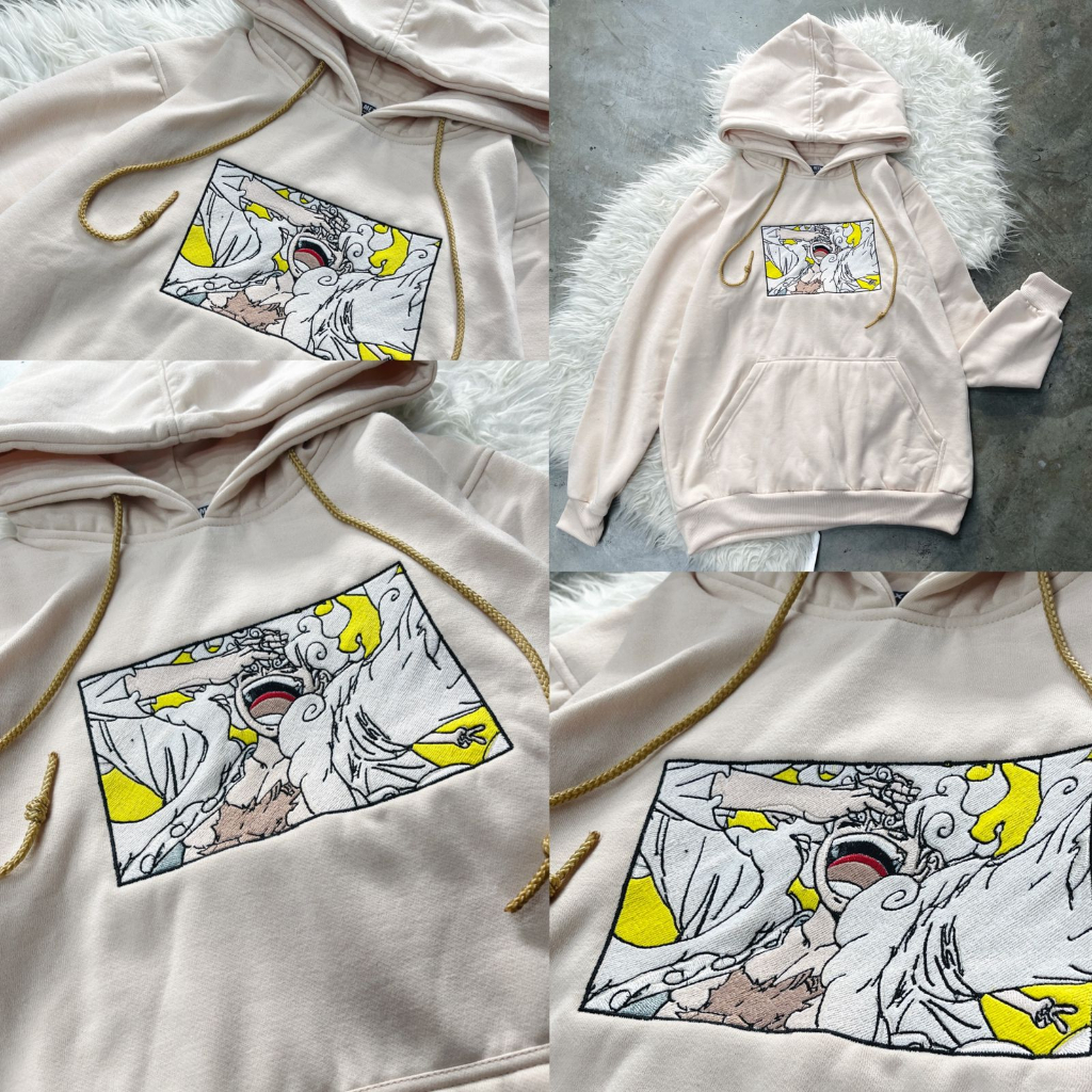 Hoodie Luffy God Nika Embroidery Cream Anime Manga One Piece Premium Unisex