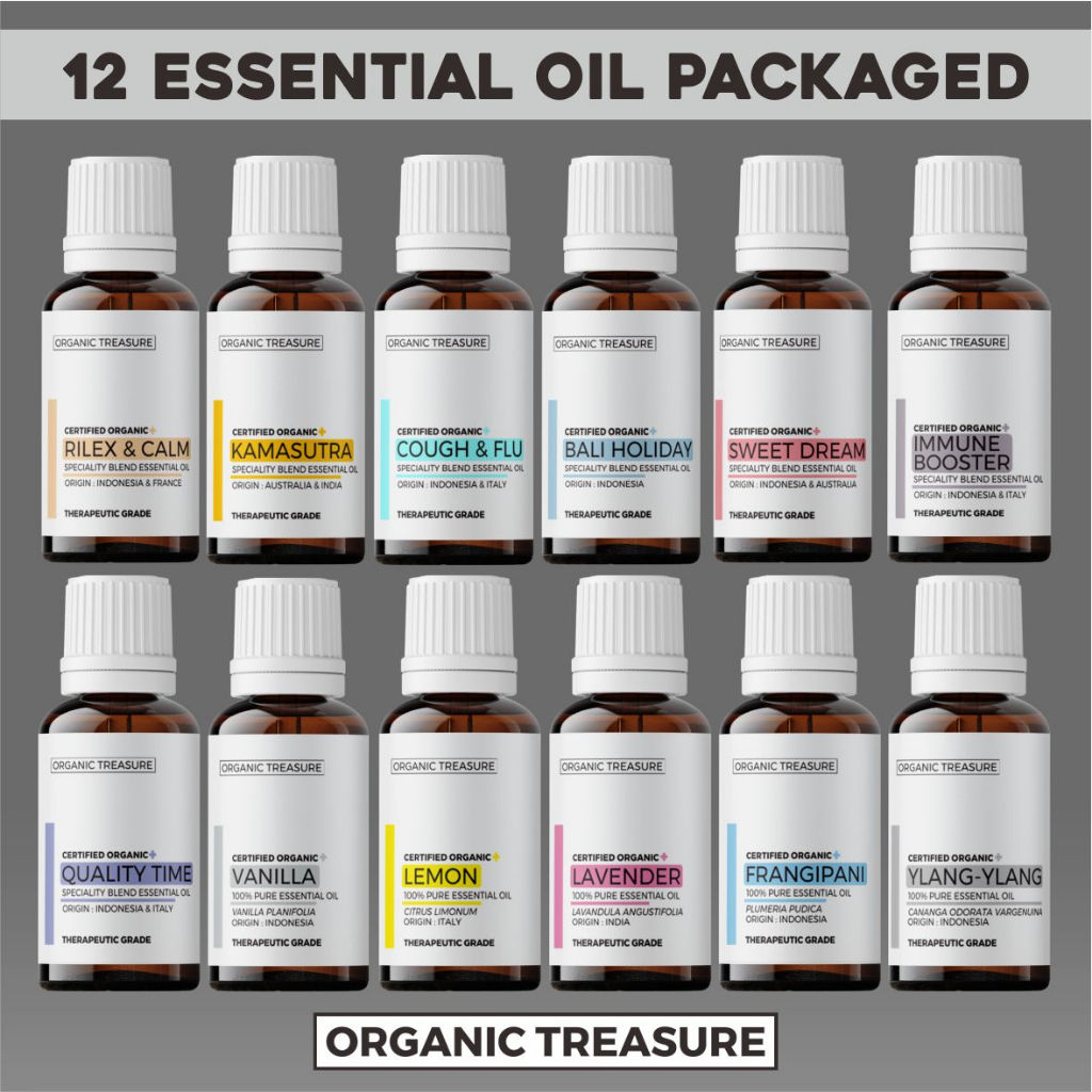 SPECIAL BEST SELLER 12 ESSENTIAL OIL, 4 SPRAY ANTIBACTERIAL &amp; 8 OIL ROLL ON PACKAGED - BY : ORGANIC TREASURE (For Diffuser Humidifier Aromatherapy Atsiri Pengharum)