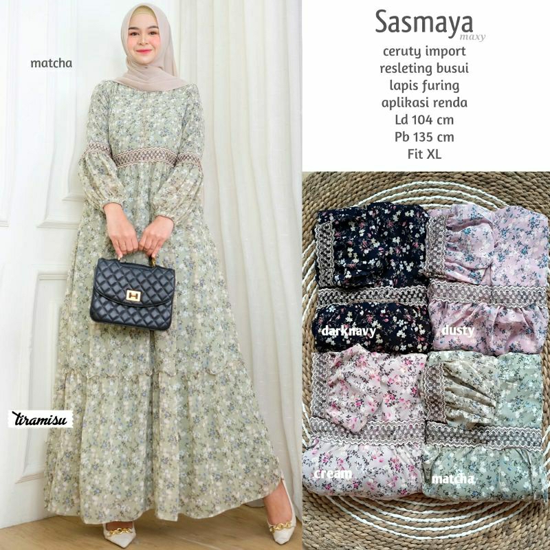 Sasmaya maxi dress ceruty full furing by Tiramisu ld 104 pb 135 gamis busui resleting by Tiramisu
