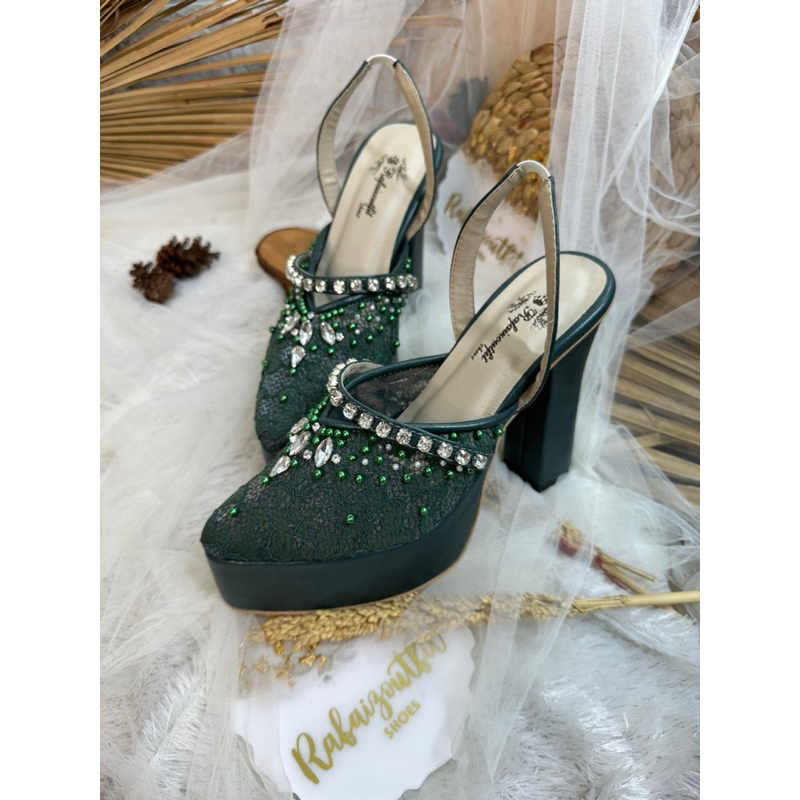 sepatu wanita wedding hijau botol diamont tali platform 12cm