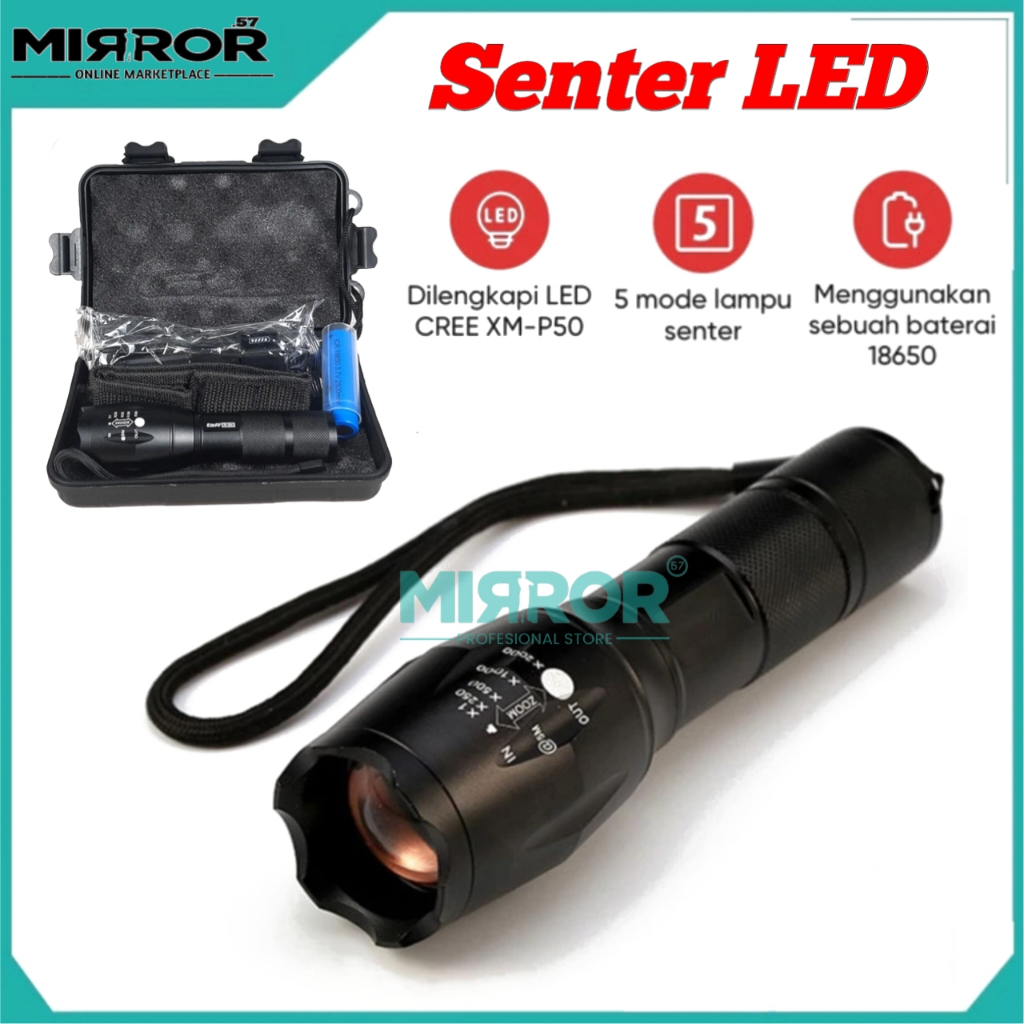 Senter LED Flashlight Cree XM-P50 8000 Lumens 5 Mode Lighting + Baterai + Charger Siap Pakai