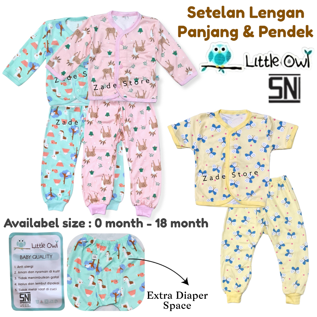 Setelan piyama bayi lengan Panjang Pendek SNI Little Owl one set baju bayi newborn celana panjang baju kancing