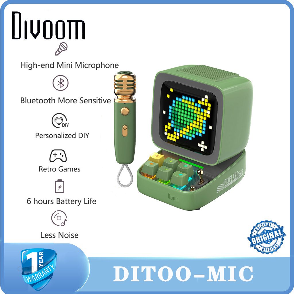 Divoom Ditoo-Mic Pixel Art Speaker Bluetooth Portabel untuk PC dengan Mikrofon Karaoke Nirkabel, Bluetooth 5.0, Desain Retro