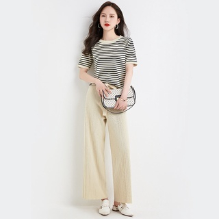 【Premium】Elegant Korean Summer  Highwaist Long Pants &amp; Short Sleeve T-Shirt One Set 7479