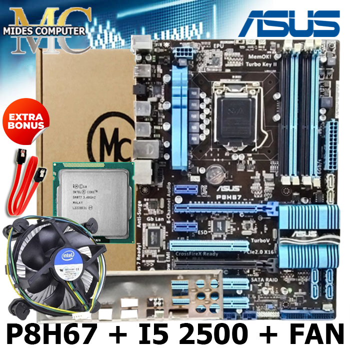 Mobo Mainboard Soket LGA 1155 P8H67 ATX + Core i5 dan fan