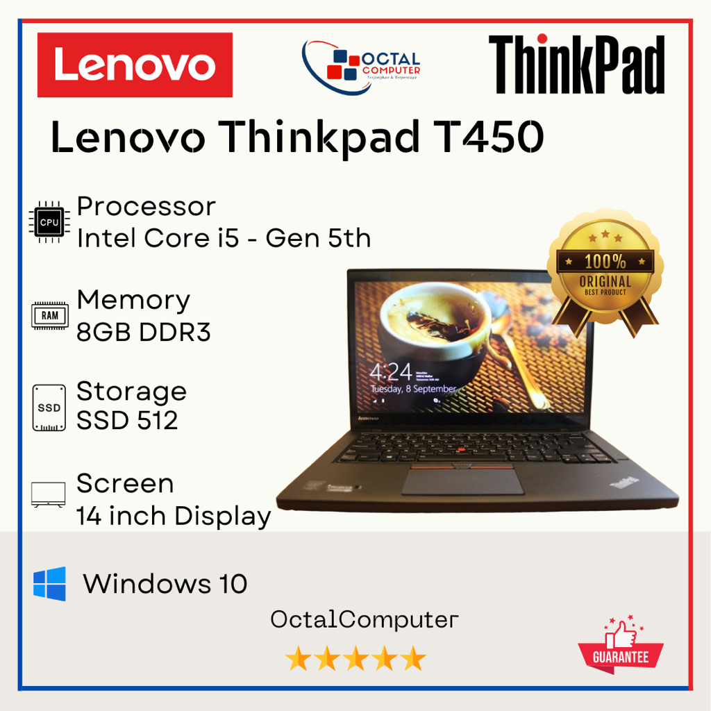 Lenovo Thinkpad T450/T450s Core i5 Ram 16GB SSD 512GB Second Murah dan Bergaransi