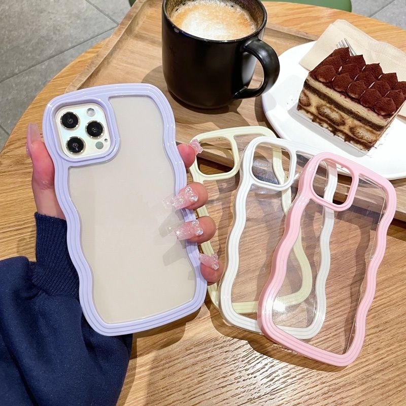 Soft Case Wafe 2 in 1 Warna Wavy Frame Gelombang Keriting Shockproof transparan Untuk iPhone 11 X XS MAX XR 6 7 8 PLUS Pro Max