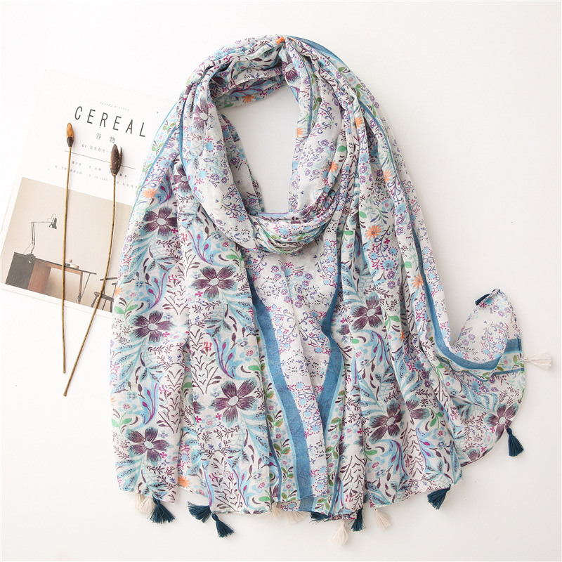 ITSFRIDAY FAUZA Scarf - Premium Pashmina Shawl Selendang Syal Pasmina Hijab Import Motif Flower Blue Tassel