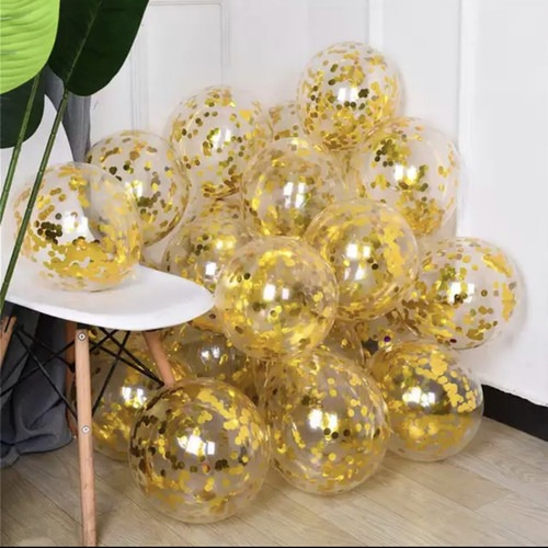 BALON LATEX TRANSPARAN ISI CONFETTI GOLD UK 12 INCHI {5PCS}