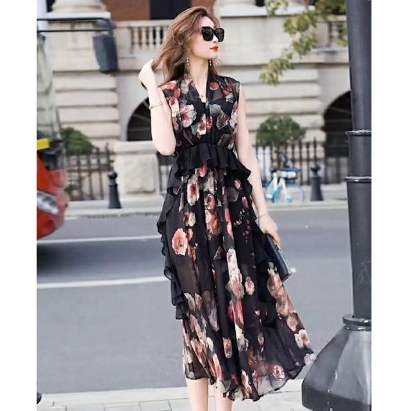 MDLV ~ 12511# Yelena Raffled Dress Flower Sifon Premium