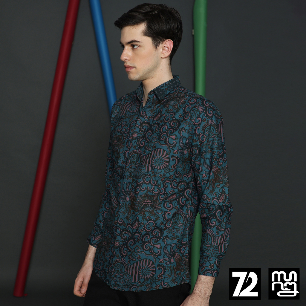 KEMEJA BATIK PRIA Katun Lengan Panjang Slimfit Motif Balian Warna Biru Tosca 723359 Cap 72 - Baju Kemeja Atasan Pakaian Setelan Batik Pria Cowok Laki Laki Remaja Keluarga Kantor Lengan Panjang Modern Slimfit Slim Fit Premium Kekinian