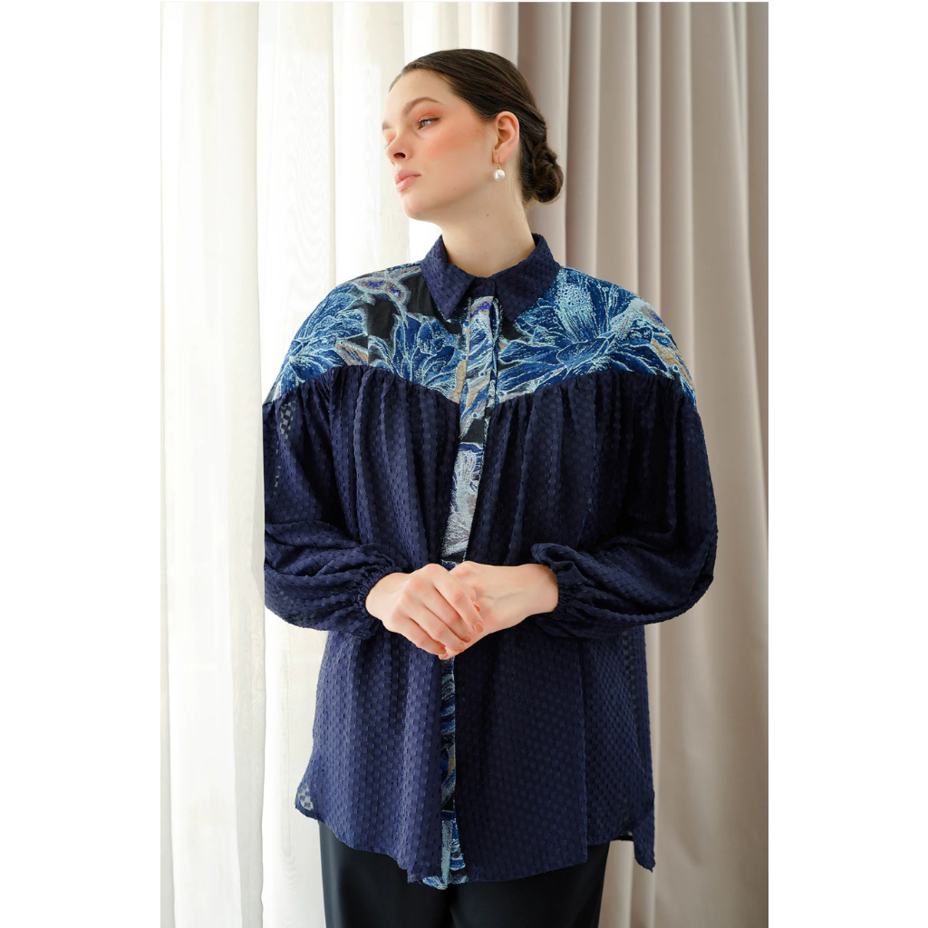 Lucia Mix Jacquard Shirt - Navy  Benang jarum benangjarum XS S M L XL XXL buttonscarves series voal 