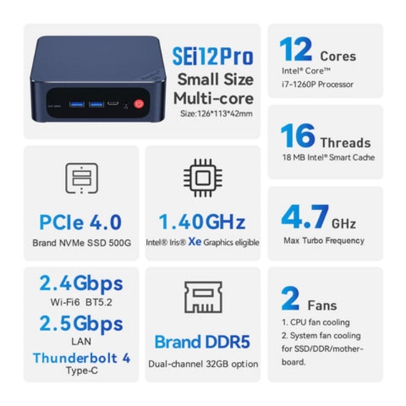 Mini PC Beelink Sei12 Pro Core i7 1260P 12th 32/500GB 12 Core Dual HDMI Windows 11