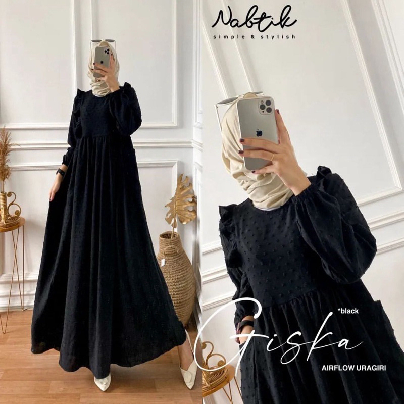 Giska Midi Dress Crinkle Uragiri Gamis Polos Wanita Lengan Panjang Busui Fashion Muslim Kekinian