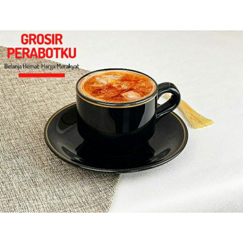 Cangkir Set Putih Hitam Lis Emas Lucky 12pcs Cup &amp; Saucer Gelas Kopi Teh Keramik