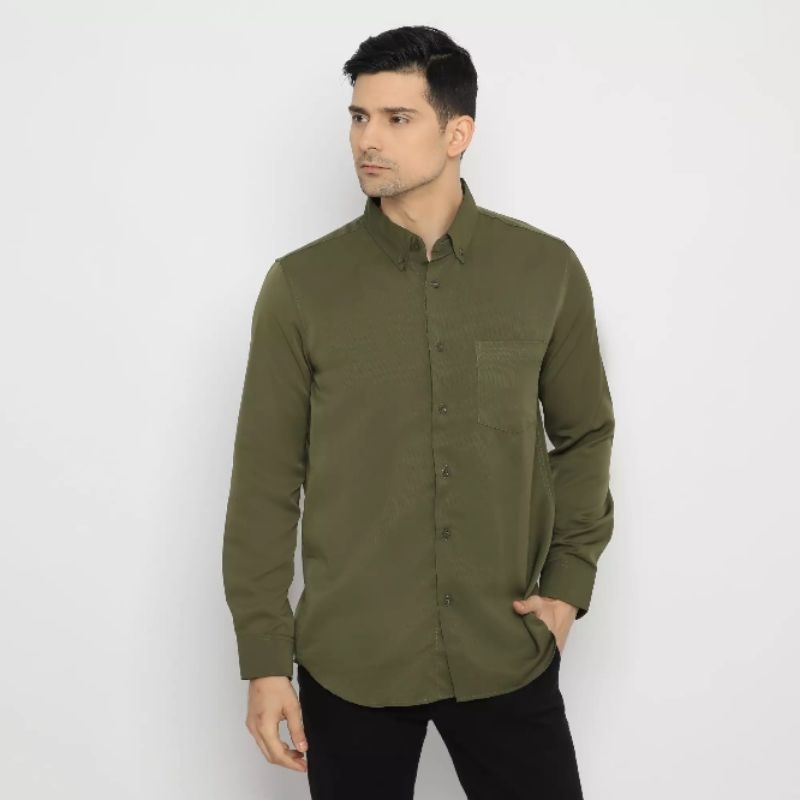Kemeja Polos Pria Lengan Panjang Warna Army Casual Premium Hem Slim - Fitt Hurley