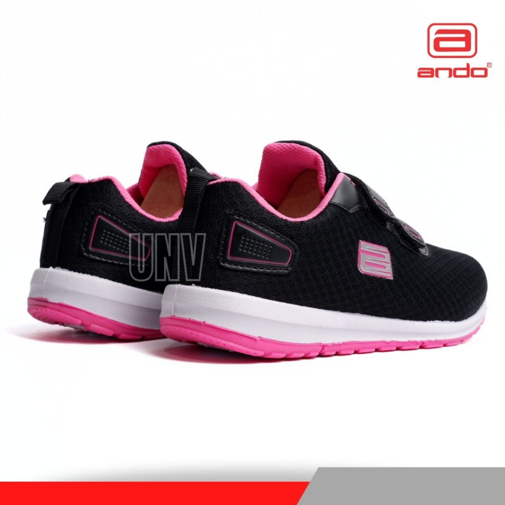 Sepatu Sekolah Anak Perempuan Ando Hitam Pink Perekat Usia 4 5 6 7 8 Tahun Sneakers Kets Olahraga PAUD TK SD Tanpa Tali