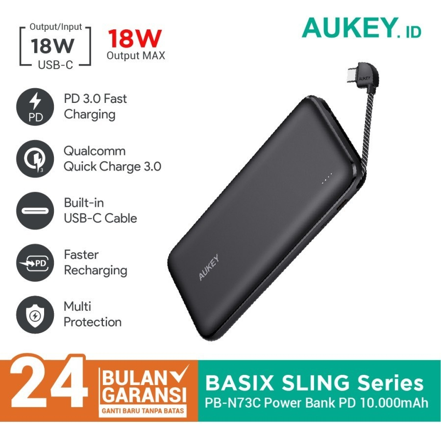 AUKEY PB-N73C BASIX SLING 10000 - Powerbank 10000mAh Built-in Cable - Garansi Distributor Resmi 24 Bulan