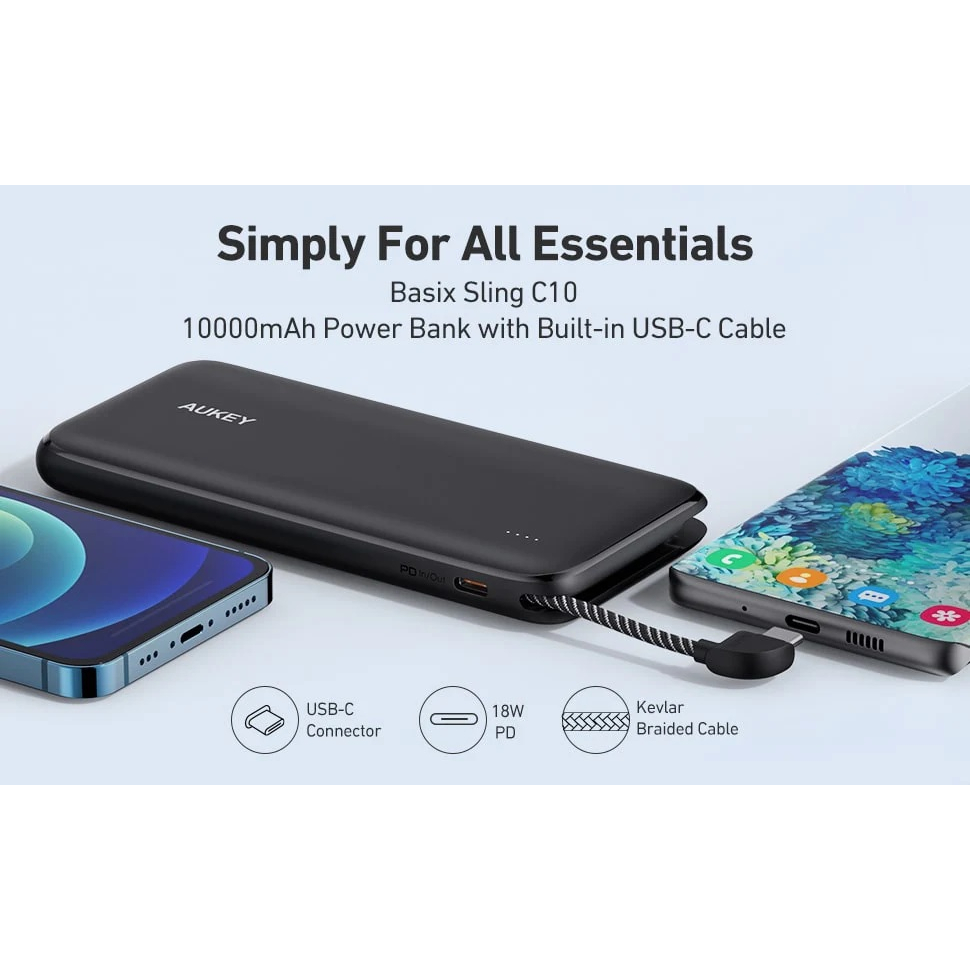 AUKEY PB-N73C BASIX SLING 10000 - Powerbank 10000mAh Built-in Cable - Garansi Distributor Resmi 24 Bulan