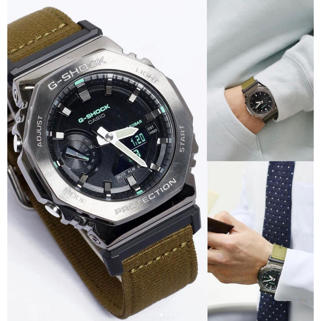 Jam Tangan Pria G-Shock CasiOak With Fabric Strap Metal Face GM-2100 GM-2100CB-3A NATO