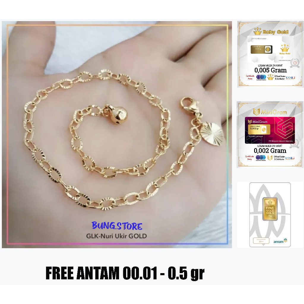 Gelang Kaki Motif Nuri Ukir Titanium Gold Perhiasaan Fashion Anti Luntur Free Emas Antam 0.001 - 0.5 gr