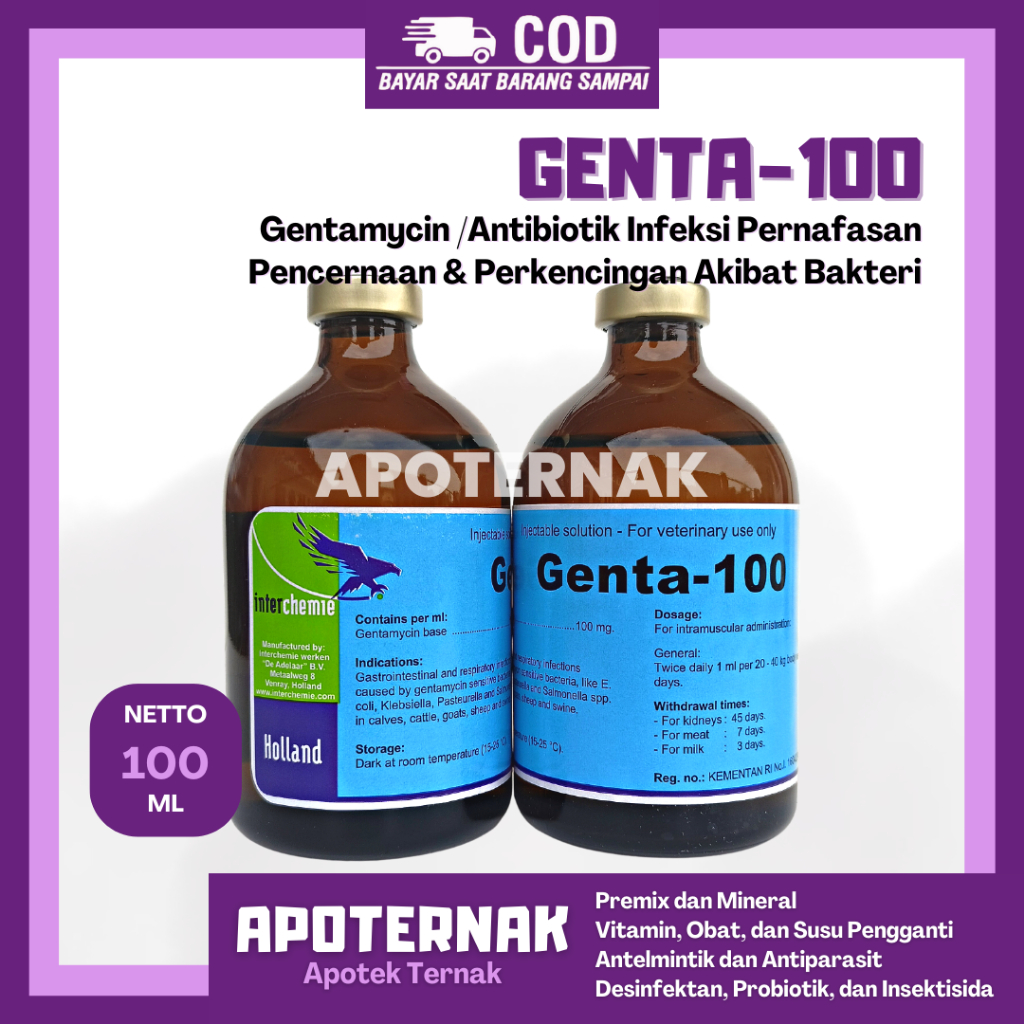 GENTA-100 | Obat Pernafasan Pencernaan Pekencingan Hewan 100 ml | CRD Coryza Snot | Like Nova Gentylo SK Genta Bio Genta