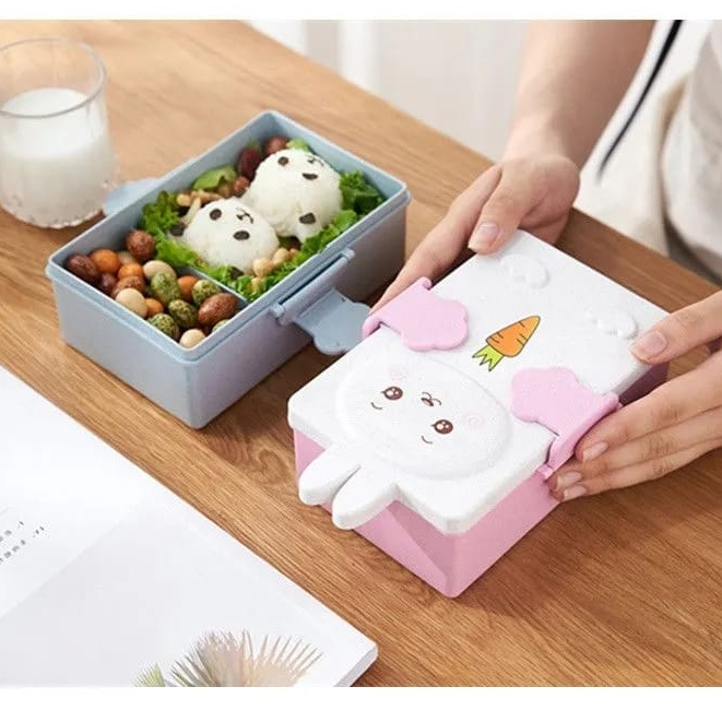 Kotak Bekal Makan Anak Tempat Makan Anak 2 Sekat Motif Kelinci Beruang Lunch Box Rabbit Bear