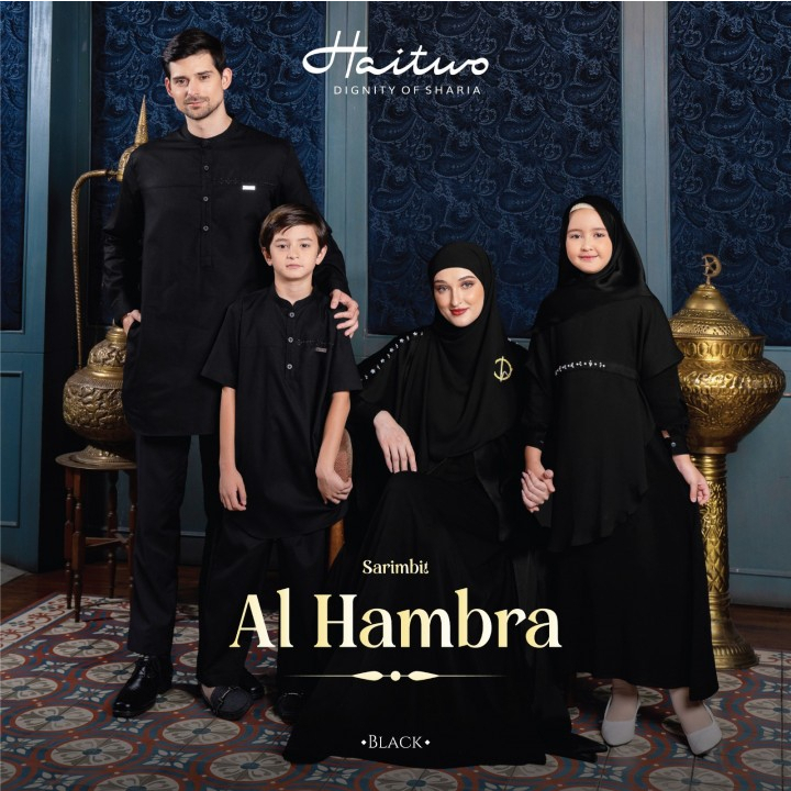 Haitwo Sarimbit Keluarga 2023 Lebaran Premium Gamis Kaftan Al Hambra Black Hitam Material Rayon Busu