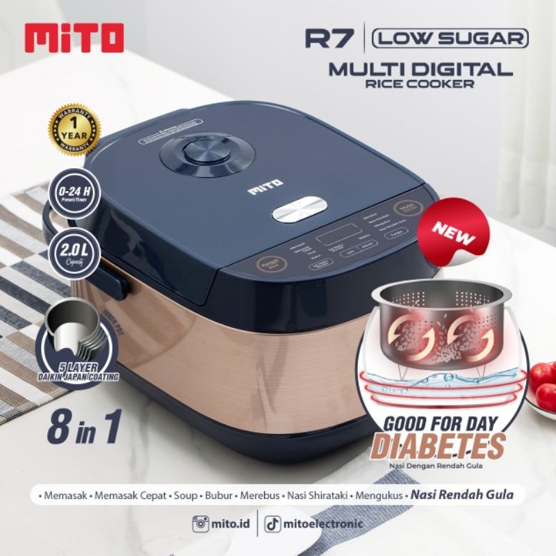 Mito R7 Less Sugar 8 in 1 Glow Multi Digital Rice Cooker 2 Liter 8 in 1 Menu Japan Quality - Original