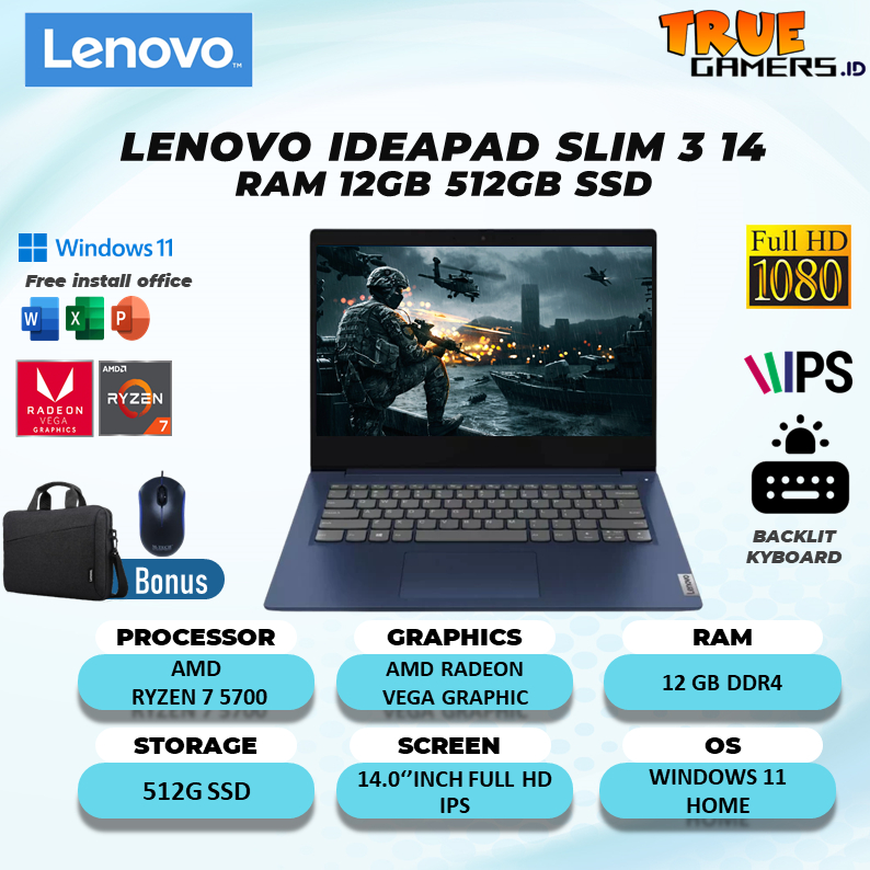 LAPTOP LENOVO IDEAPAD SLIM 3 14 RYZEN 7 5700 20GB 512SSD VEGA8 W11 14.0FHD IPS