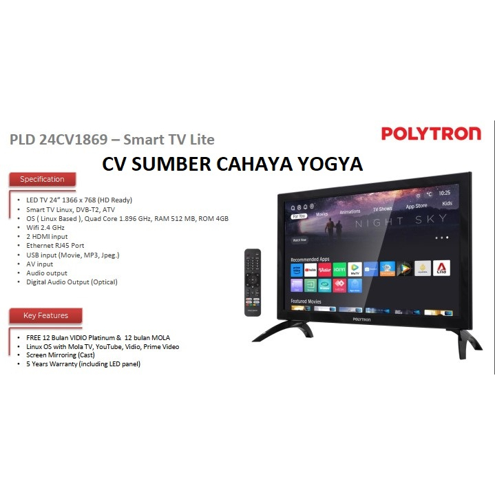Polytron LED Smart TV 24&quot; Youtube Mirroring Vidio PLD 24CV1869 Digital 24CV