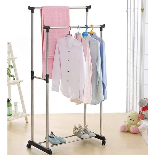 DOUBLE Rod Rack - Rak Gantung Baju 2 Lapis + Roda