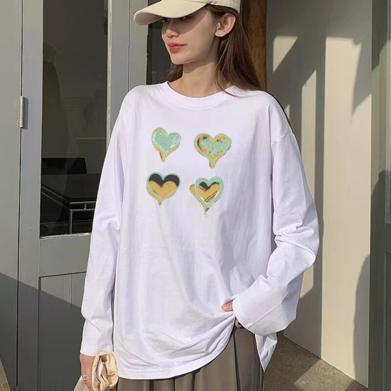 Love Printed Kaos Wanita Oversi Wanita Lengan Panjang Casual Top